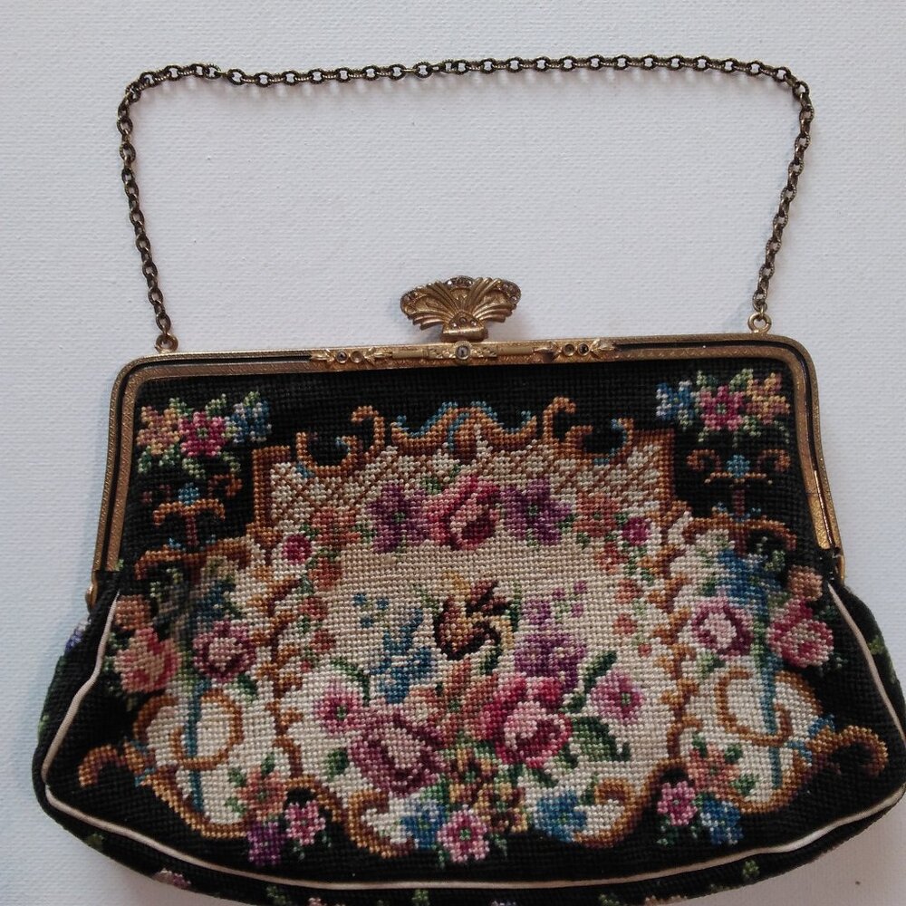 1930s Vintage Floral Needlepoint Petitpoint Evening Bag
